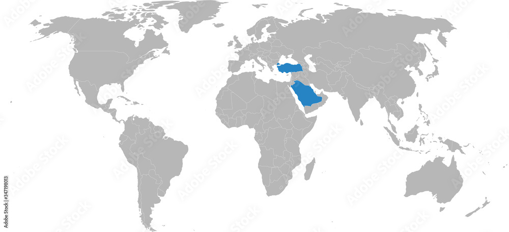 Turkey, Saudi arabia countries isolated on world map. Light gray background. Business concepts and backgrounds.