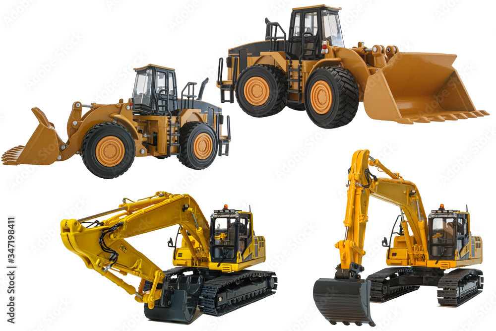 Excavator model and Wheel loader with isolated on a white background Excavator model and Wheel loader with isolated on a white background