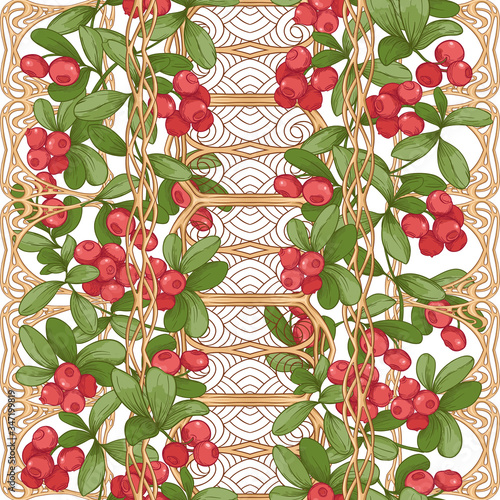 Cranberry in a decorative imitation of a wicker basket made of twigs. Seamless pattern, background. Graphic drawing, engraving style. Vector illustration isolated on white background.. photo