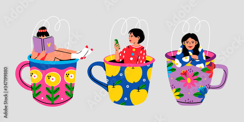 Set of three Cute girls sitting in the giant Cups with floral pattern. Funny characters. Hand drawn colored trendy Vector illustration. All elements are Isolated on grey background