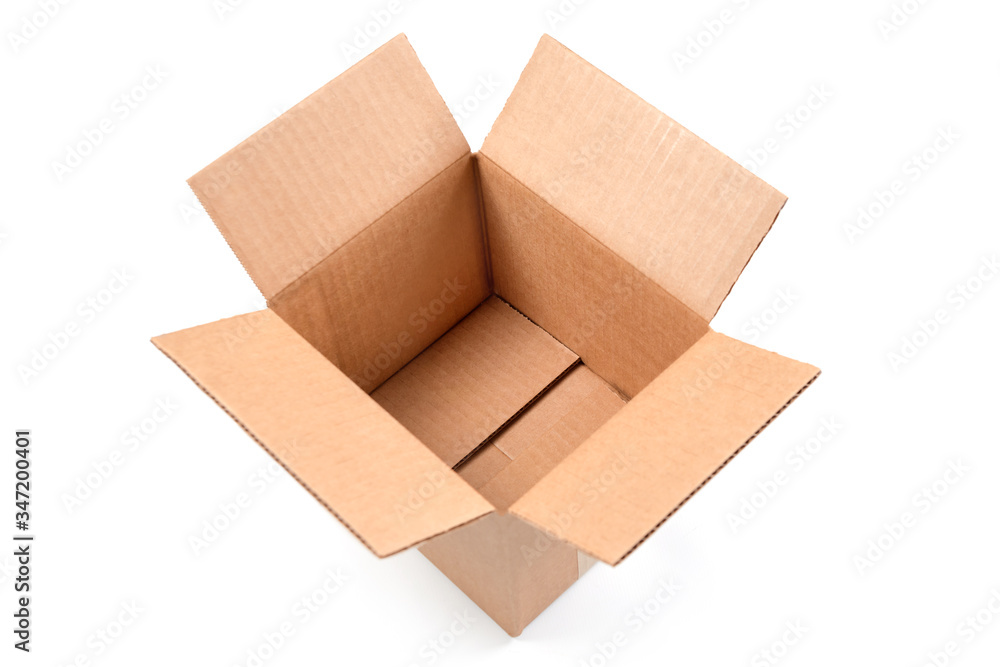 Open empty rectangular cardboard box isolated on white background. Mockup for design and advertising. Brown craft paper or carton box mock up. Delivery packaging mock up Open empty rectangular cardboard box isolated on white background. Mockup for design and advertising. Brown craft paper or carton box mock up. Delivery packaging mock up
