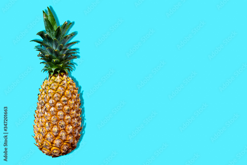 Ripe yellow pineapple isolated on pastel blue background with blank copy space Ripe yellow pineapple isolated on pastel blue background with blank copy space