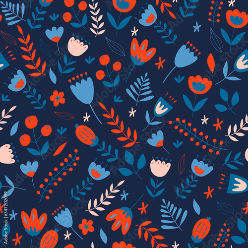 Floral seamless pattern. Scandinavian style.Doodle illustrations with stylized decorative floral elements.Cute hand drawn flat plants background.Fabric design with flat colors, for wrapping paper.