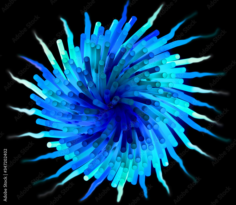 Obraz premium blue plastic drinking straws on a black background