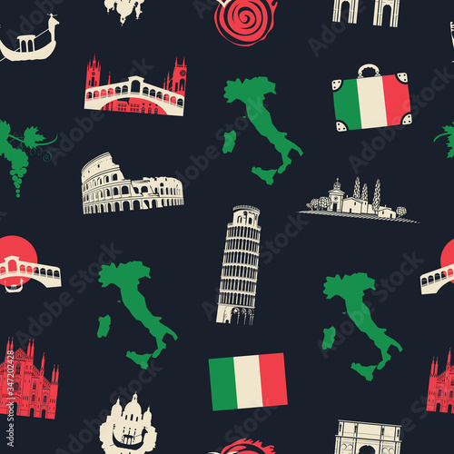Vector seamless pattern on the theme of Italy with Italian architectural landmarks and a map in the colors of the Italian flag on the black background. Suitable for Wallpaper, wrapping paper, fabric