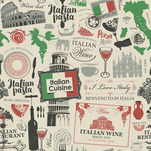 Vector abstract seamless pattern on the theme of Italy and Italian cuisine in the colors of the Italian flag in retro style. Suitable for wallpaper, wrapping paper, fabric