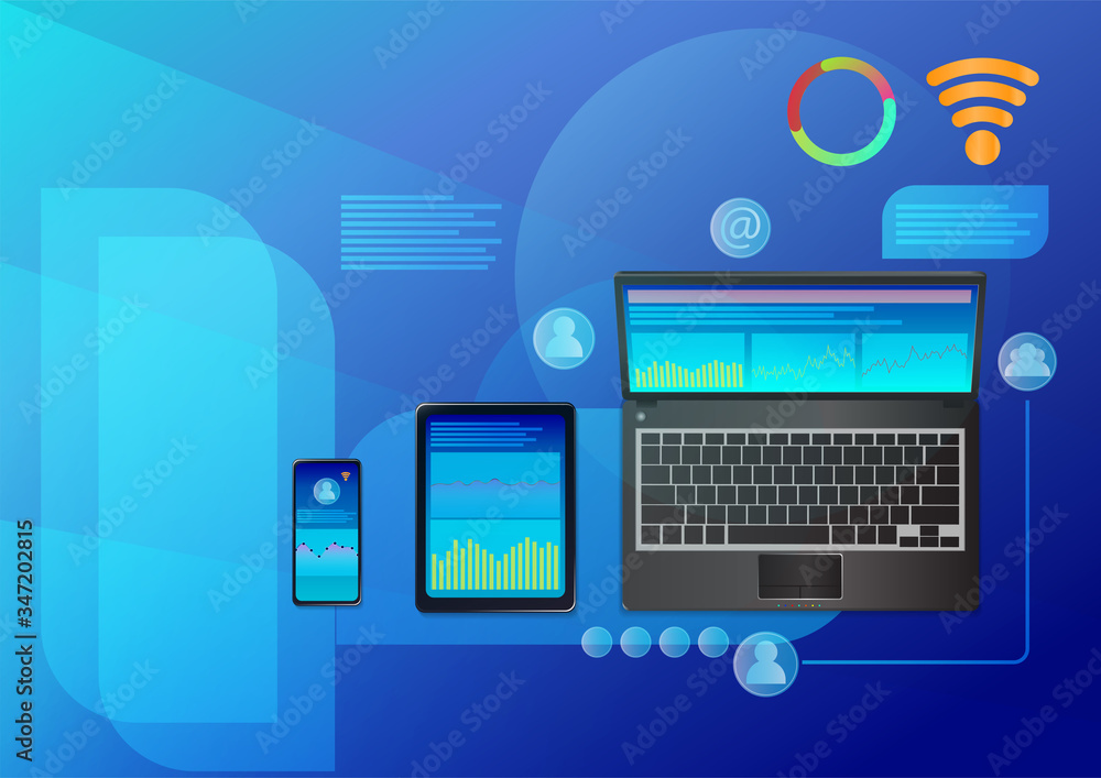 illustration top view of laptops, smartphones and tablets with trading statistics screen illustration top view of laptops, smartphones and tablets with trading statistics screen