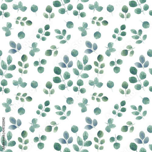 Watercolor seamless pattern green leaves on white background, watercolor hand drawn, can be used for wallpaper or fabric textile.