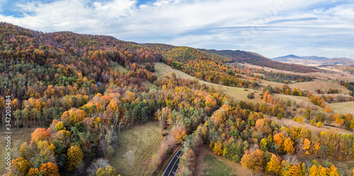 Aerial view of rural Virginia Farm country in Autumn in the valleys and hills of the Appalachian Mountains photo