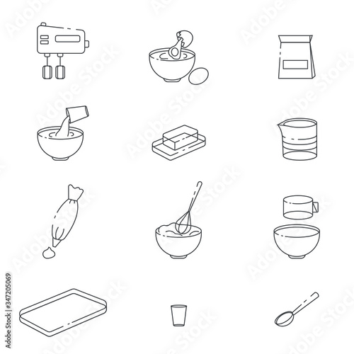 Outline objects for cooking. Kitchen tools. Vector icons for baking.