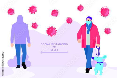 Social distancing between people to stay safe on the street with dog and mask antivirus