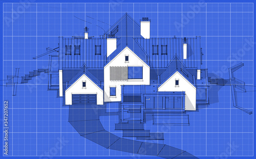 3d rendering of modern cozy clinker house on the ponds with garage and pool for sale or rent. Black line sketch with white spot on blueprint background