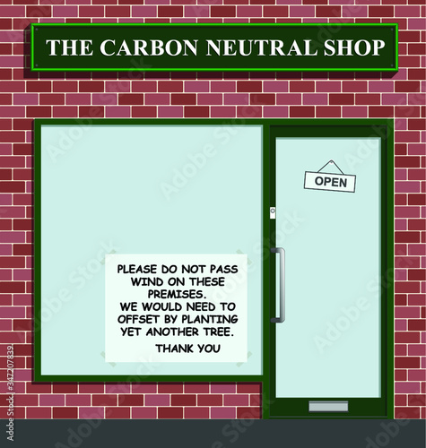 Comical Carbon Neutral Shop requesting that people visiting the premises do not pass wind