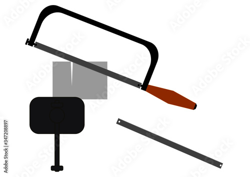 Hacksaw for metal locksmith tool on a white background. Workshop. Vise. Vector image. Template for text. Poster. Place for text. Background image.