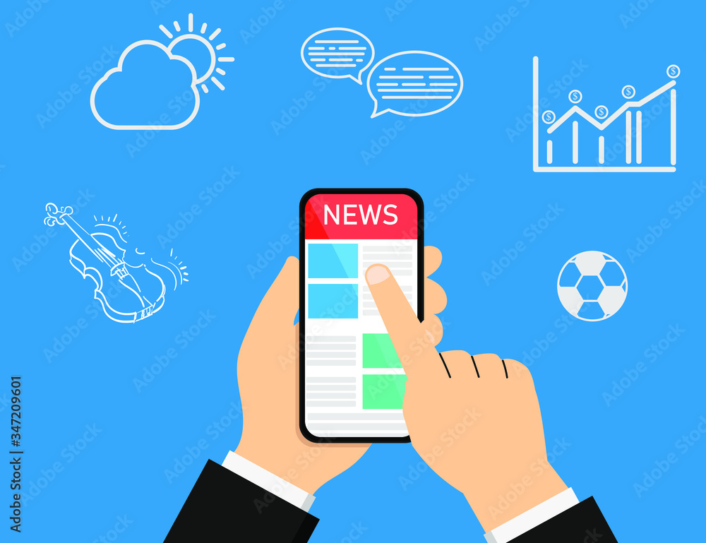 Businessman hand holding tablet to read and watch news on screen with news icon and logo, business concept, Flat design vector illustration. Businessman hand holding tablet to read and watch news on screen with news icon and logo, business concept, Flat design vector illustration.