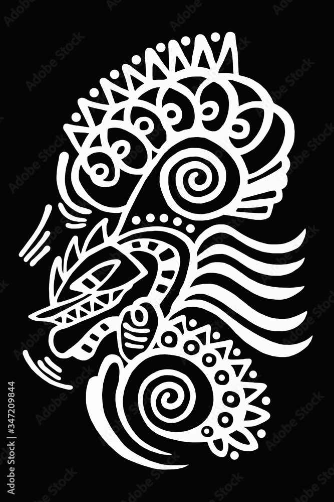 Black and white abstract drawing of a dragon on a black background. Black and white abstract drawing of a dragon on a black background.
