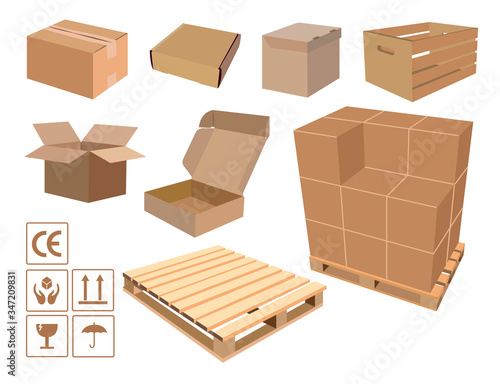 Cardboard boxes of different sizes open and closed shapes wooden basket and pallet wooden