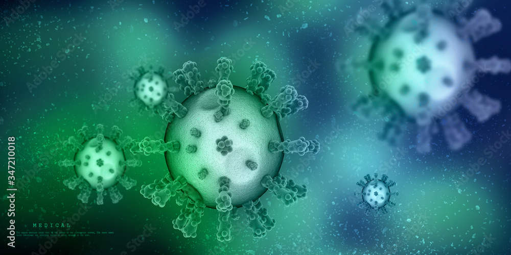 3d render Corona virus disease COVID-19. Microscopic view of a infectious virus
3d render Corona virus disease COVID-19. Microscopic view of a infectious virus