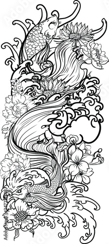 Colorful Siamese fighting fish or betta fish swimming in Japanese wave with peony and daisy flowers for hand drawn tattoo art design in  geometric and circular ornament frame