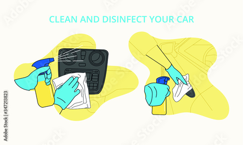 Illustrated icons to disinfect car with gloves and avoid contagion by Covid 19  dash and doors