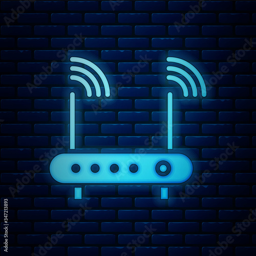 Glowing neon Router and wi-fi signal symbol icon isolated on brick wall background. Wireless ethernet modem router. Computer technology internet.  Vector Illustration