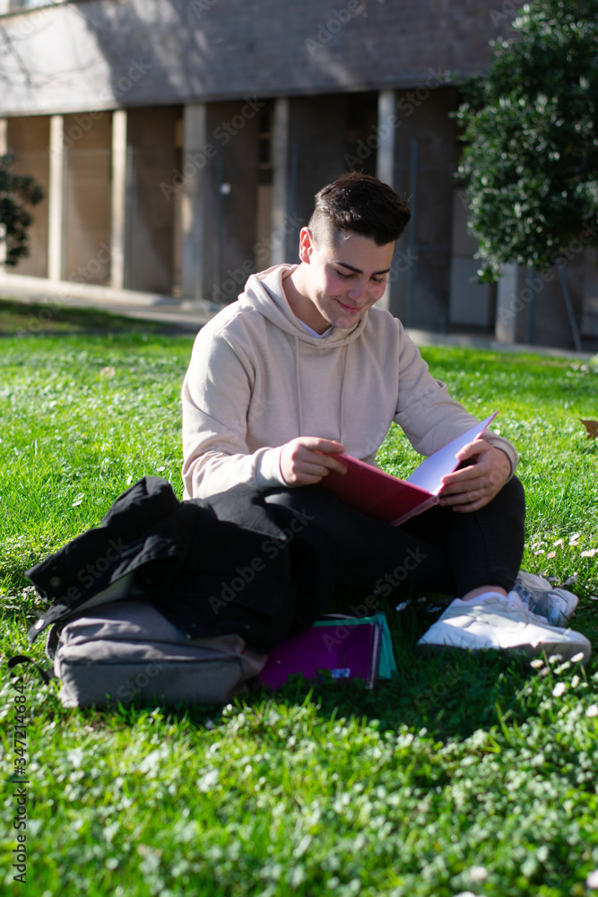 Obraz premium Teenager sitting on the school grass while reading a book