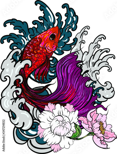 Wallpaper Mural Colorful Siamese fighting fish or betta fish swimming in Japanese wave with peony and daisy flowers for hand drawn tattoo art design in  geometric and circular ornament frame Torontodigital.ca
