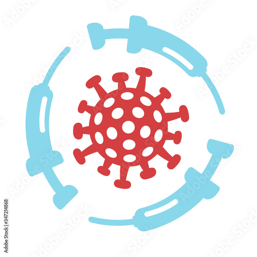 Coronavirus 2019-nCoV vaccine or cure concept with syringes about the time when Covid-19 disease is defeated, medical victory over the virus and quarantine end. Flat vector illustration.