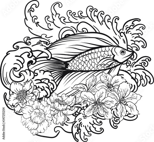 Colorful Siamese fighting fish or betta fish swimming in Japanese wave with peony and daisy flowers for hand drawn tattoo art design in  geometric and circular ornament frame