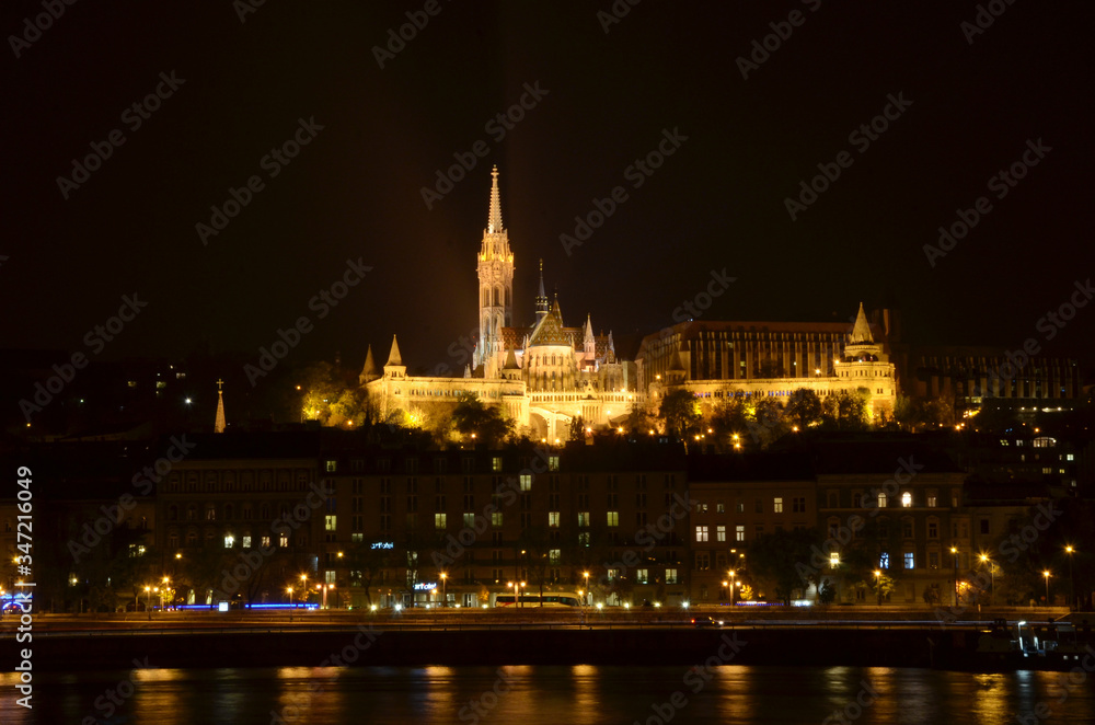Matthias church and the Fisherman's Bastion at night in Budapest Hungary.