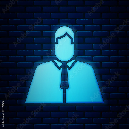 Glowing neon Lawyer, attorney, jurist icon isolated on brick wall background. Jurisprudence, law or court icon.  Vector Illustration