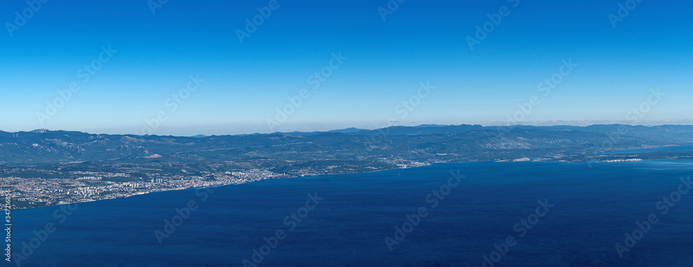 Extra wide panorama of Rijeka bay, view from Vojak, Croatia