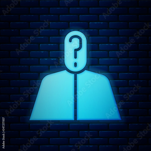 Glowing neon Anonymous man with question mark icon isolated on brick wall background. Unknown user, incognito profile, business secrecy, obscurity.  Vector Illustration
