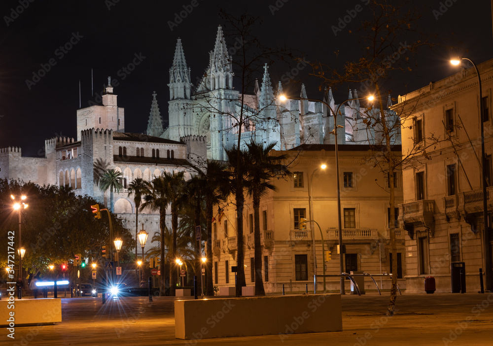 Palma de Mallorca, Spain, February 7, 2019: Cathedral in the night lighting