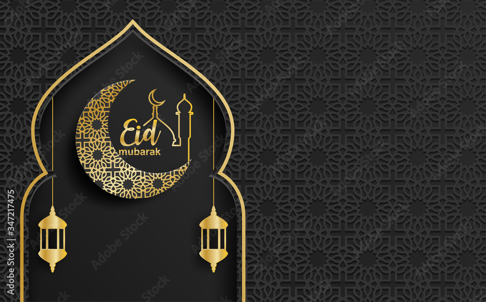 Obraz premium Eid mubarak ,Ramadan mubarak background. Design with moon, gold lantern on black background. Vector.
