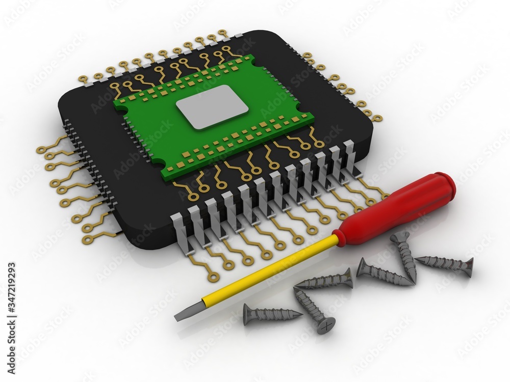 3d rendering microchips with screwdriver and screw 3d rendering microchips with screwdriver and screw