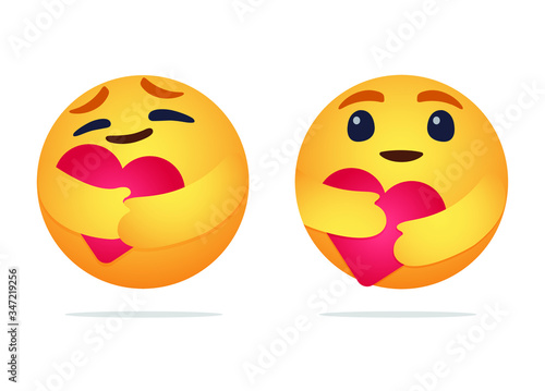 Care emoji - yellow face emoticon with large open glossy eyes hugging a red heart with both hands showing care, support, and presence