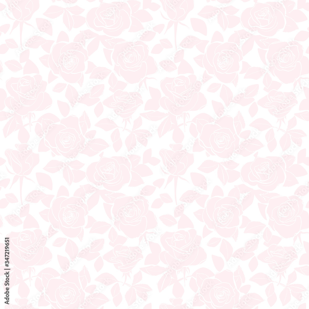 rosy seamless pattern - vector light background with silhouettes of roses