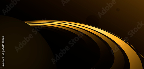 Abstract wallpaper with stylized illustration of planet with rings like saturn in dark space in golden gradient colors