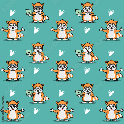 Seamless pattern, cute raccoon with love background