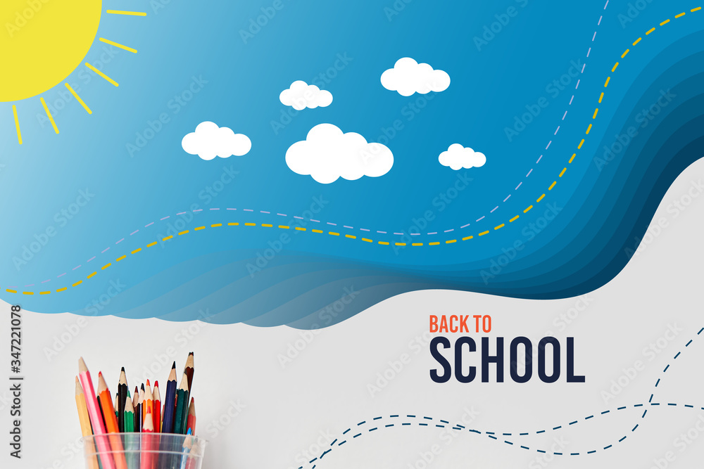 Back to school poster design,colorful   color pencil on cloud sky background,Vector illustration can be used for web banner
