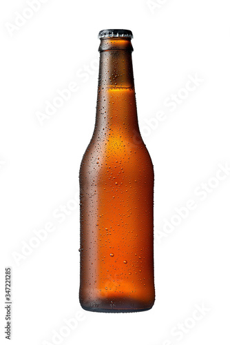 355ml brown beer bottle with drops isolated without shadow on a white background mockup