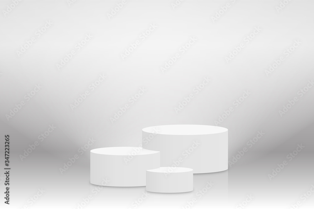White 3d podium mockup in cylinder shape. Empty stage or pedestal mockup illuminated with spotlight. Podium or platform for award ceremony and product presentation White 3d podium mockup in cylinder shape. Empty stage or pedestal mockup illuminated with spotlight. Podium or platform for award ceremony and product presentation