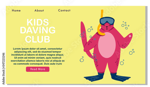 Vector banner with cute cat diving. background bubbles, seaweed. Flat character with aqualung. Kids diving club banner, landing