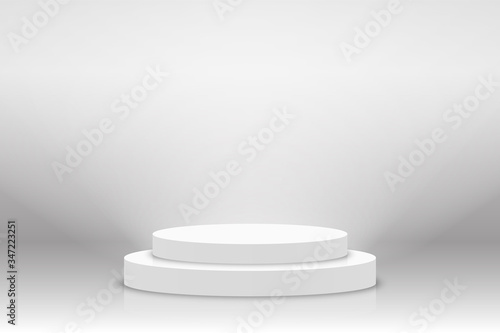 White 3d podium mockup in circle shape. Empty stage or pedestal mockup illuminated with spotlight. Podium or platform for award ceremony and product presentation