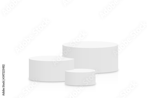 White 3d podium mockup in cylinder shape. Empty stage or pedestal mockup isolated on white background. Podium or platform for award ceremony and product presentation