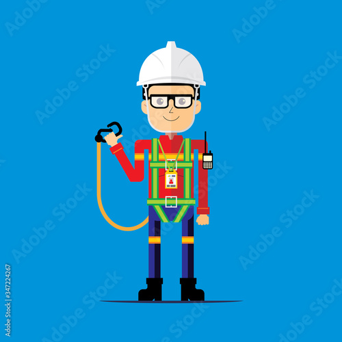 Construction cool character safety manager wearing single lanyard full body harness. Personal protective equipment.