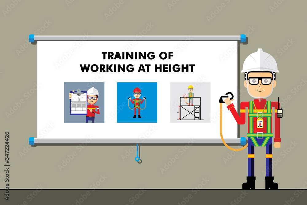 Safety trainer cartoon character on presentation. Training of working at  height. Flat style vector image. Background illustration. Stock Vector |  Adobe Stock