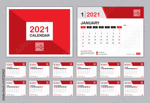 Calendar 2021 Template red creative concept, Set Desk Calendar design, Set of 12 calendar pages with Cover design vector, wall Calendar with Typographic, Week starts on Monday, Can be use Place Photo