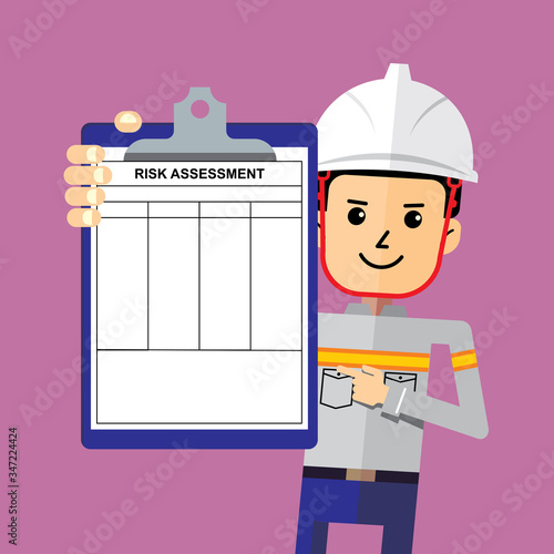 Construction worker with Risk Assessment document board. Industrial safety procedure list.